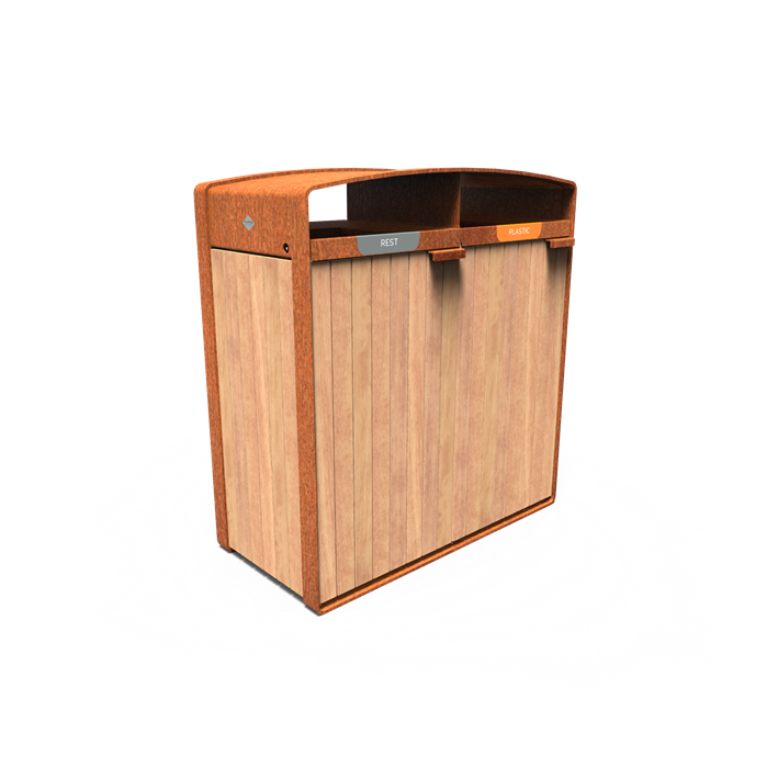 Poubelle double en bois et en acier corten
