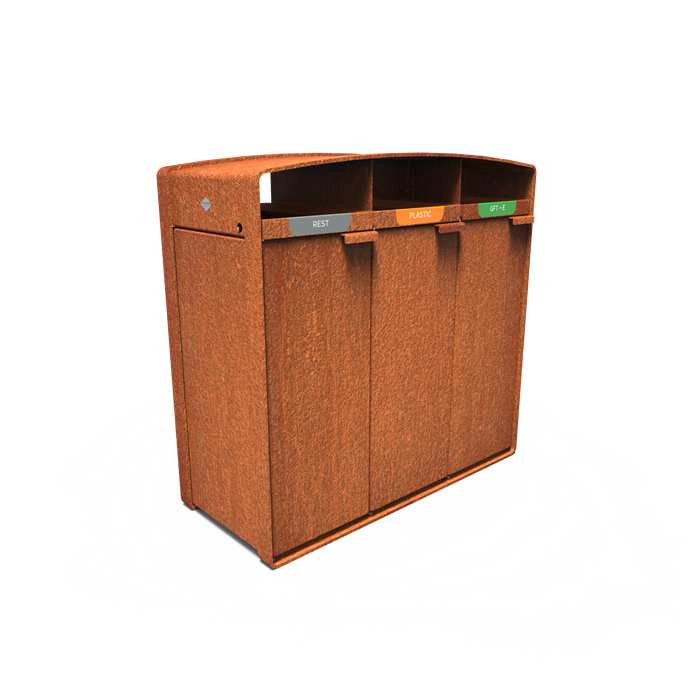 Poubelle triple en acier corten