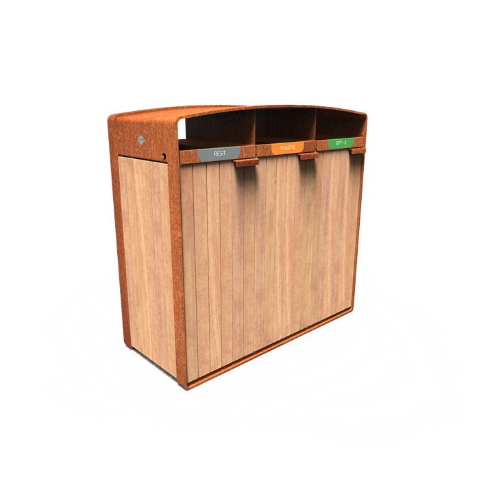 Poubelle triple en bois et en acier corten